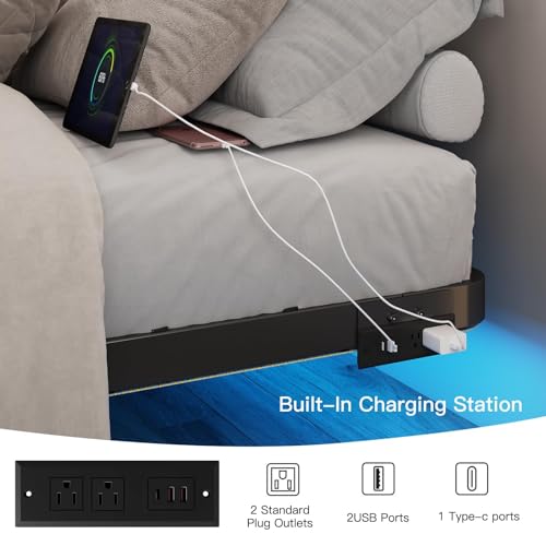 Queen Size Floating Bed Frame with RGB LED Lights & Charging Station - Modern Metal Platform Bed, No Box Spring Needed, Easy Assembly