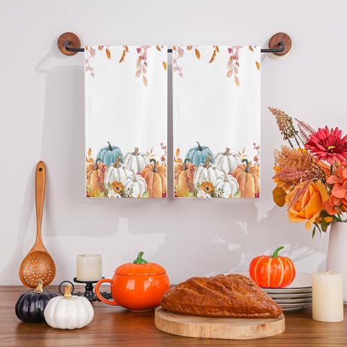 Fall Pumpkin Hand Towels Set of 2, Autumn Maple Leaves Boho Floral Thanksgiving Harvest Soft Absorbent Small Bath Towel Kitchen Dish Guest Towel for Bathroom Hotel Gym Spa
