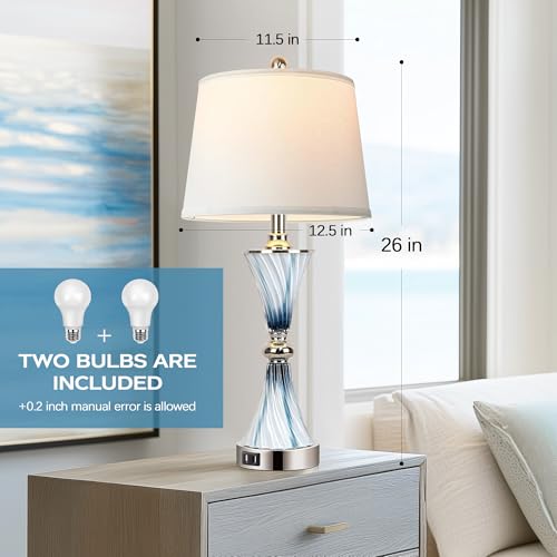 Blue Dimmable Touch Glass Table Lamps with USB Ports - Set of 2 for Bedroom Decor