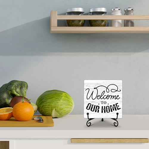 Welcome Home Sign, Farmhouse Wooden Plaque with Iron Stand for Desk Shelf Decor - A16