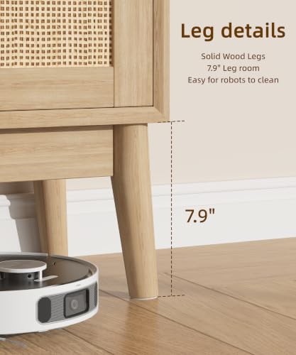 Tall Bathroom Storage Cabinet with Doors - 43 Inch Rattan Cabinet, Natural Oak Finish