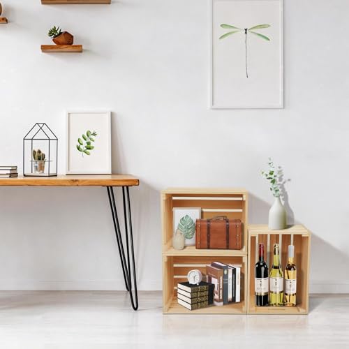 Natural Wood 3 Pack Large Wooden Storage Crates 16 x 12 x 9.5 Inches - Unfinished Rustic Organizer