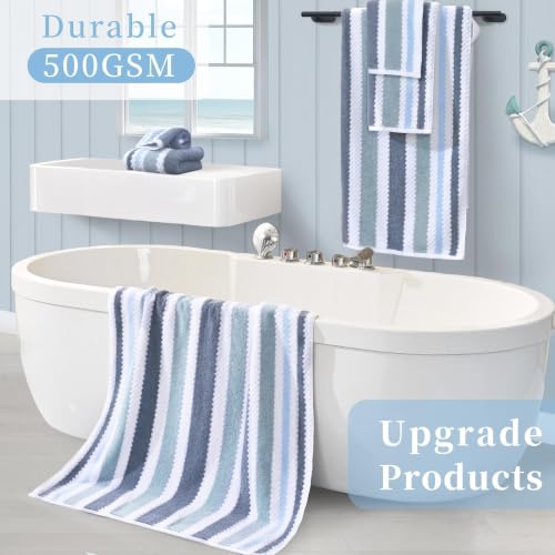 6-Piece Cotton Blend Bathroom Towel Set - Blue Gray & White, Ultra Soft