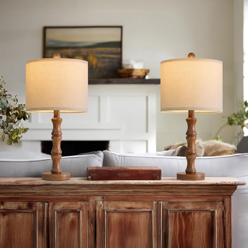 Small Rustic Table Lamp Set of 2 - Light Walnut Farmhouse Nightstand Lamps