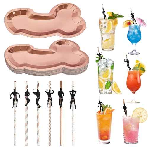 Bachelorette Party Decorations Supplies: 12 PCS Disposable Rose Gold Paper Plates with 12 PCS Bachelorette Naughty Straws, Paper Plates for Hens Girls, Sign Decorations Bridal Shower Supplies
