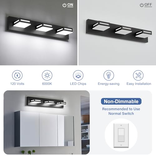 LED Bathroom Vanity Light Fixtures - 24-inch 3-Light Matte Black, Rotatable