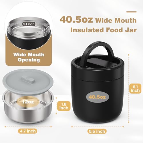 CMKPL Black Insulated Food Thermos 40.5oz with Spoon & Handle for Hot Meals