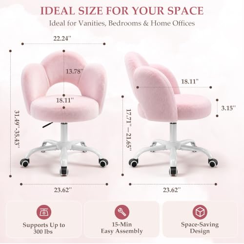 Pink FIDOM Cloud Vanity Chair with Wheels - Fluffy Desk & Makeup Stool