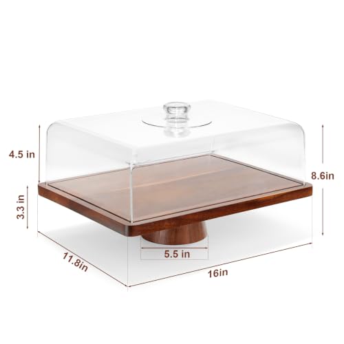 Rectangular Acacia Wood Cake Stand with Lid - 17 x 13 Inches, 2-in-1 Serving & Display