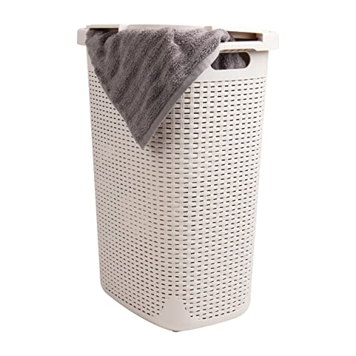 Mind Reader Ivory Slim Laundry Hamper with Lid - 60L Tapered Clothes Basket for Narrow Spaces
