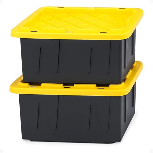 HOMZ Durabilt 15 Gal Plastic Storage Bins with Lids - Black & Yellow, Pack of 2