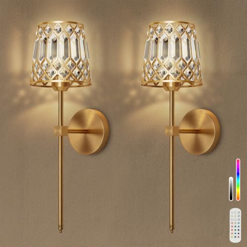 Rayspan Gold Rechargeable Wireless Crystal Wall Sconces Set of 2 with Remote, Dimmable RGB & CCT, Easy Installation