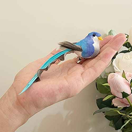 LWINGFLYER 6pcs Clip on Artificial Simulation Foam Birds Feather Long Tail Feather Fake Birds for Craft Home Ornaments Garden Wedding Decoration Embellishing 12cm/4.7inch