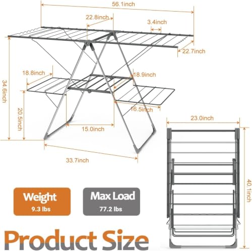 Bigzzia Foldable 2-Level Large Clothes Drying Rack - Gray, Adjustable Height