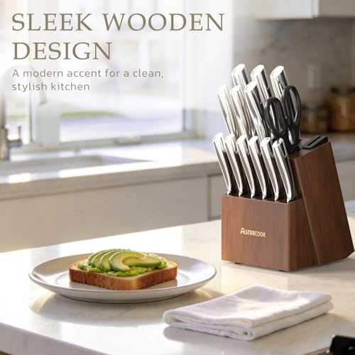 Elegant Walnut Pro Full Tang 15-Piece Kitchen Knife Set with Sharpener & Block