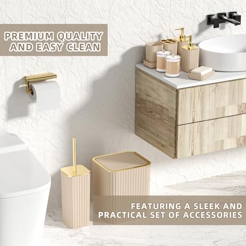 Beige & Gold Bathroom Accessories Set - 10 Piece Plastic Bath Set with Soap Dispenser and Tumbler