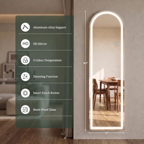 SageNest Arched LED Full Length Mirror 60x16 with Lights, Modern Floor Mirror