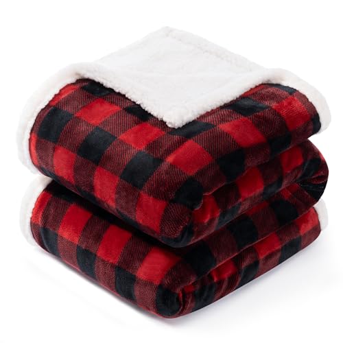 BEAUTEX Christmas Sherpa Fleece Throw Blanket 50x60 Buffalo Plaid, Red