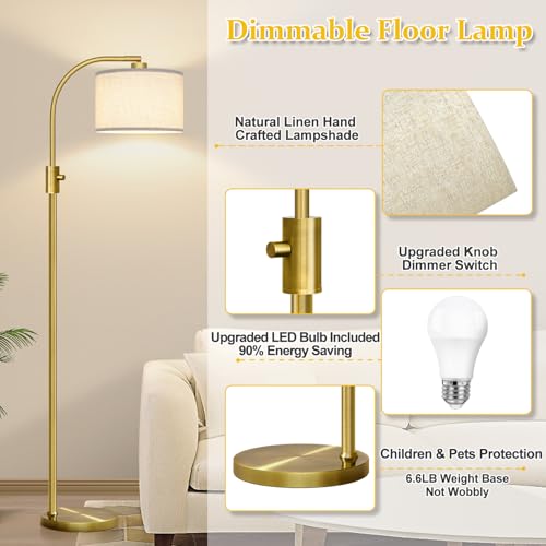 Nintiue Brass Arc Floor Lamp with Linen Shade - Dimmable Tall Standing Lamp for Living Room & Bedroom