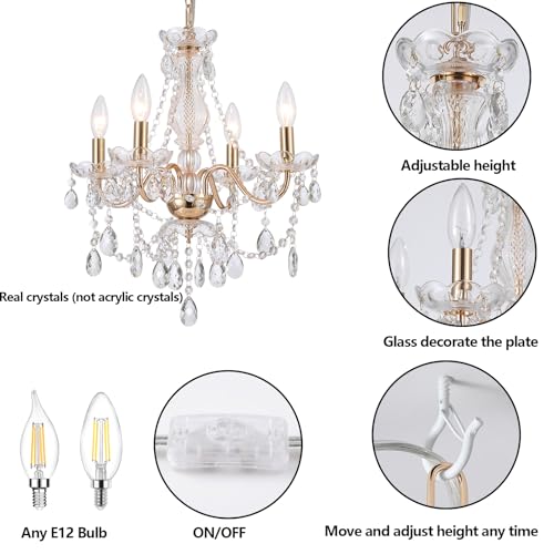 Plug-in Gold Crystal Chandelier French Country Pendant Lighting - 4 Light
