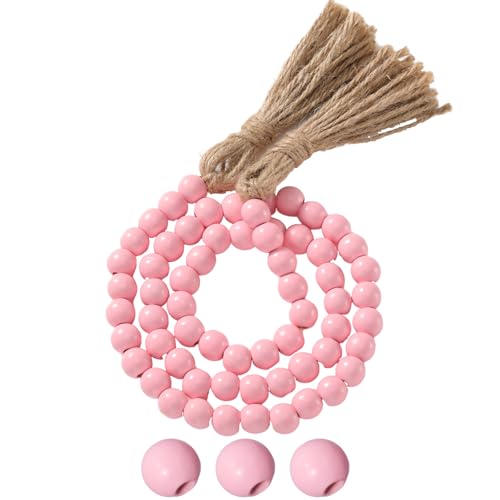 Equsion 1 Pcs Pink 0.55 Inch Wooden Bead Garland with Tassels - 3.3 ft