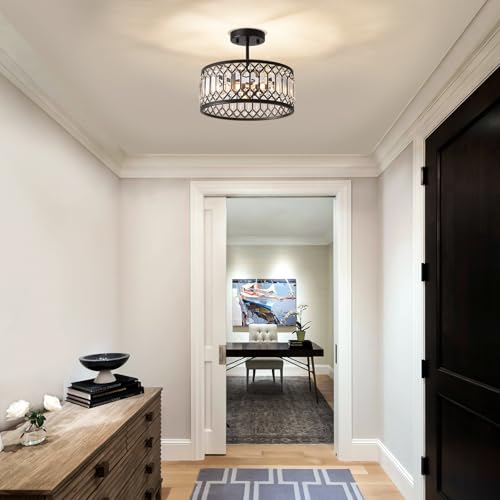 Pevfah Crystal Black Ceiling Light, 3-Light Semi Flush Light Fixture,