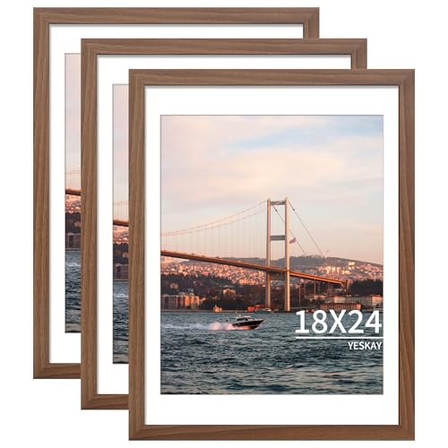 YESKAY 18x24 Brown Picture Frame Set of 3 for Wall Display, Hang Horizontal or Vertical