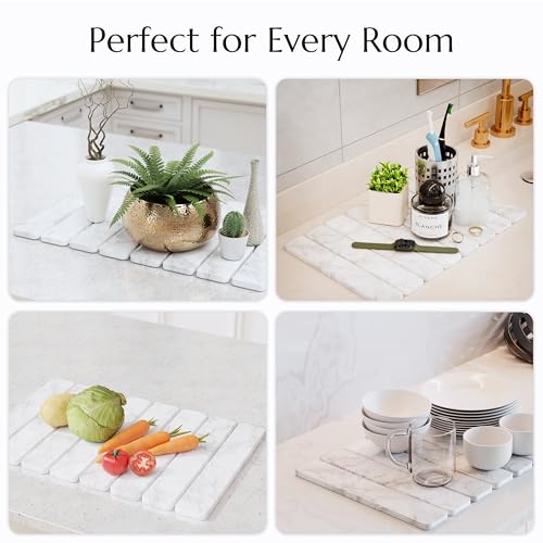 Diatomaceous Earth Drying Mat - Collapsible Stone Dish Drying Pad - White Marble Variation