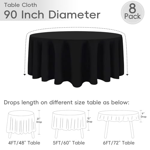 Black Round Tablecloth 8 Pack - 90 Inch for 36-72 Inch Tables - Elegant Polyester