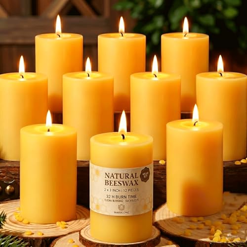 MAKALONE Yellow Beeswax Pillar Candles 2x3in, 12 Pack, Long Burn, Unscented