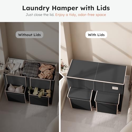 SOLEDI Black 220L Laundry Hamper with 3 Compartments & 2 Side Pockets