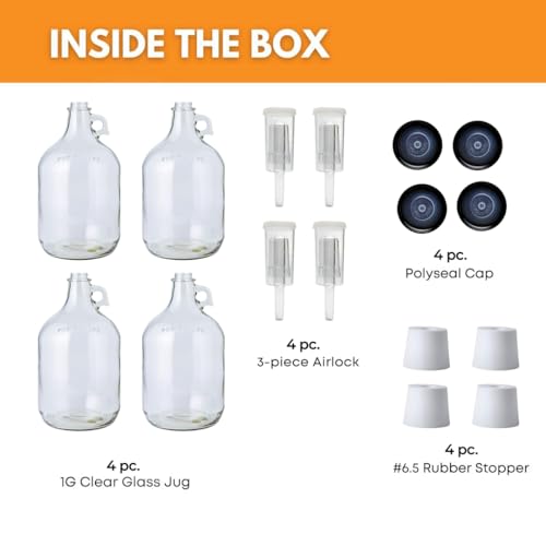4 Pack 1 Gallon Glass Jugs with Airlocks & Caps for Homebrewing - Variations of 128 Fl Oz