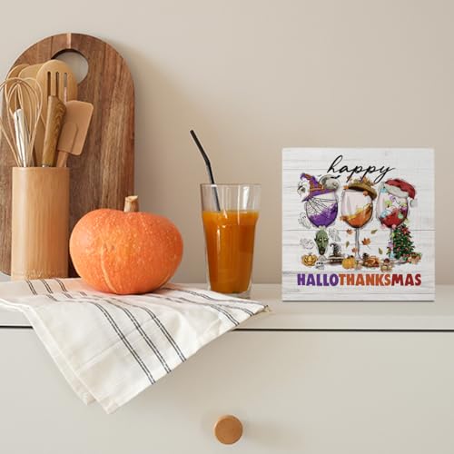 Happy Hallothanksmas Wood Decor Fall Halloween Thanksgiving Christmas Wine Decorations Gifts for Women Men Harvest Autumn Wood Decorations Sign for Home Farmhouse Office Desk Shelf 5 x 5 Inches