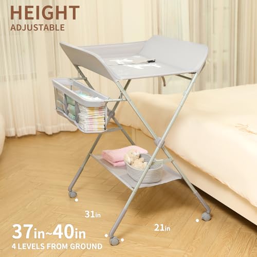 KARAOK Baby Changing Table with Wheels & Storage, Adjustable Height Portable Diaper Station