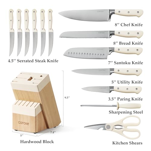 Kitchen Knife Set with Wood Block - 14 Pieces, Rust-Resistant, Cream
