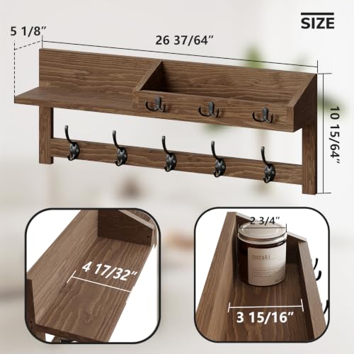 AMBIRD Wall Hooks with Shelf - 26.57 Inch Wooden Coat Rack with Dual & Key Hooks for Entryway, Brown