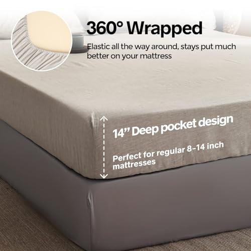 Simple&Opulence Queen Linen Fitted Sheet 14 Inch Deep Pocket Natural Flax Bed Cover