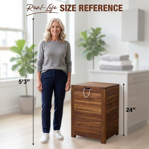 GREEN ALLUVIUM 90L Laundry Hamper with Lid & Handles, Acacia Wood, Brown