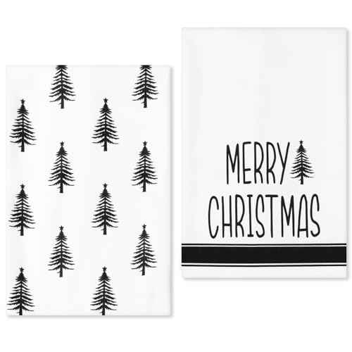 Christmas Kitchen Towels Set of 2, 18x26 Inch White Dish Towels with Black Xmas Tree, Perfect Black Christmas Decor and Gifts, Absorbent Microfiber, Durable & Machine Washable