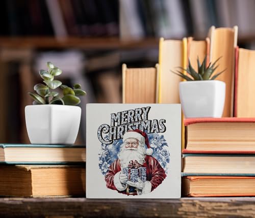 Kunlisa Blue and White Chinoiserie Christmas Santa Wooden Sign - Holiday Decor, 5x5 Inch