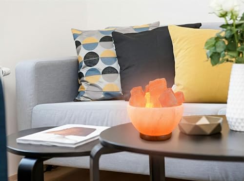 Himalayan Salt Lamp Bowl with Crystal Chunks & Wooden Base - Relaxing Amber Glow