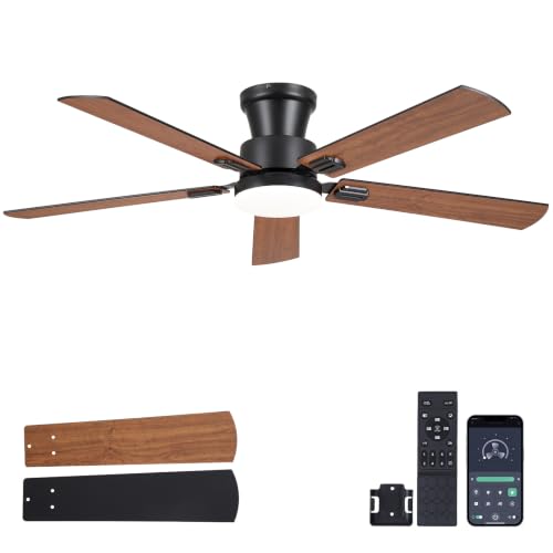 NKPU 52-Inch Brown Ceiling Fan with Lights, Remote & App Control, Dimmable, Quiet DC Motor, Flush Mount for Indoor & Outdoor