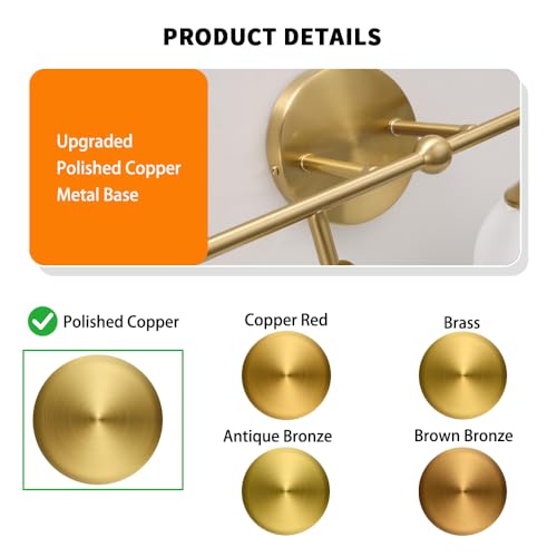 Gold 4-Light Bathroom Vanity Light Fixture with Milky White Glass Shades - Reversible Mounting