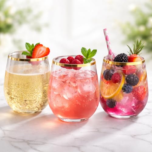 Oojami 48 Pack Disposable Plastic Stemless Wine Glasses 10 oz Gold Rim