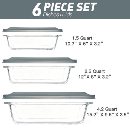 Deep Glass Baking Dish Set with Lids - Extra Deep 6-Piece Oven & Microwave Safe