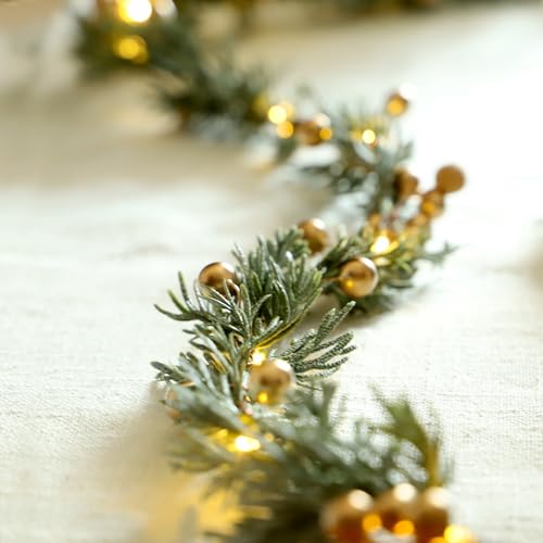 Sunset Home 6.5Ft Battery-Operated Christmas Garland with Lights, Gold Berries & Remote, Indoor Outdoor