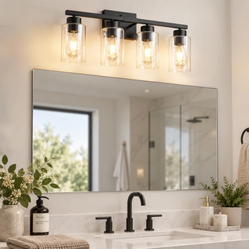 IZORRO Matte Black 4-Light Bathroom Vanity Light Fixture Over Mirror with Clear Glass Shades