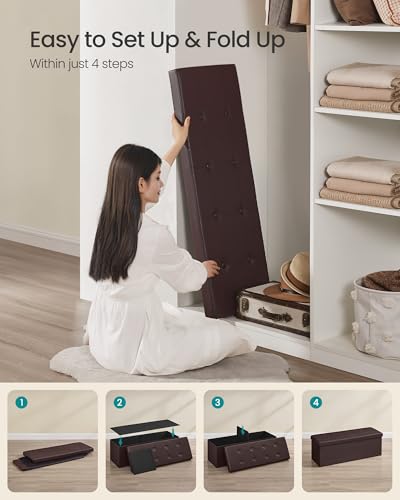 SONGMICS Storage Ottoman Bench Brown 43.3 Inch Foldable Footrest Stool - Without Flipping Lid