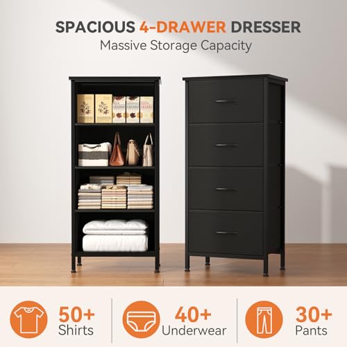 Black 4-Drawer Nightstand - Tall Bedroom Dresser with Removable Fabric Bins (11.8"D x 17.7"W x 37.5"H)