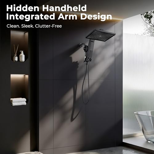 MakeFit Matte Black 12'' Rainfall Shower Head with Handheld Filter & Hidden Detachable Wand